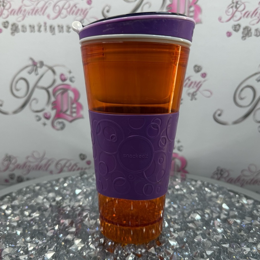 Snackeez snack cup Orange Travel Tumbler with Purple Silicone Grip and Lid